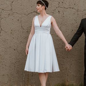 Satin V-neck Tea Length A-line White Wedding Dress